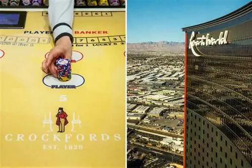 Две фотографии из Resorts World Las Vegas, показывающие деталь стола в казино и внешний вид гостиничного комплекса.