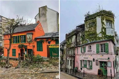 Слева направо: внешний вид Lapin Agile, исторического бара на Монмартре; Внешний вид La Maison Rose, известного ресторана на Монмартре