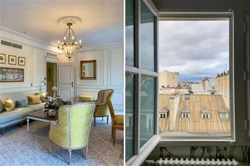 Слева направо: лаунж-зона в отеле Le Meurice; Вид из окна отеля Le Meurice