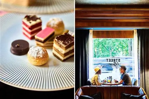 Две фотографии из ресторанов бостонских отелей, в том числе петифур в Four Seasons и место у окна в Street Bar.