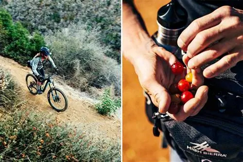 Две фотографии с Backbone Trail в Лос-Анджелесе, в том числе горный байкер, спускающийся по маршруту, и турист, перекусывающий виноградом.