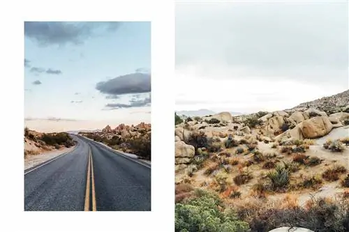 Слева: Дорога, проходящая через Джошуа-Три. Справа: Национальный парк Джошуа-Три.