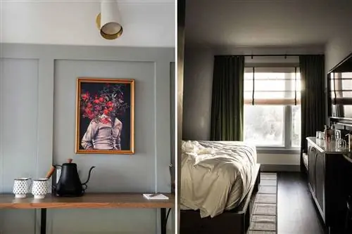 Фрагмент чайника и кружек перед картиной, а также фотография комнаты для гостей в отеле Wylie в Атланте.