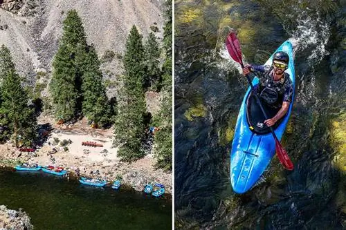 Две фотографии из поездки Far & Away Adventures по реке Лосось, в том числе снимок кемпинга вдоль реки сверху и вид сверху на каякера на реке.