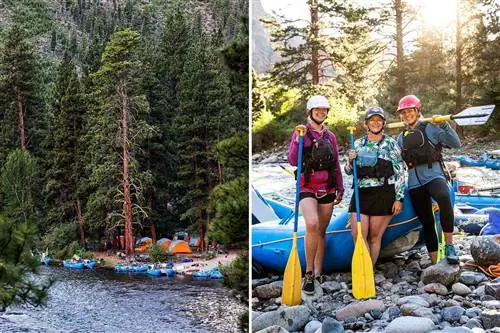Две фотографии из кемпинга Far & Away и рафтинга по реке Лосось, показывающие утро в лагере и трех гидов, стоящих у плота с веслами.