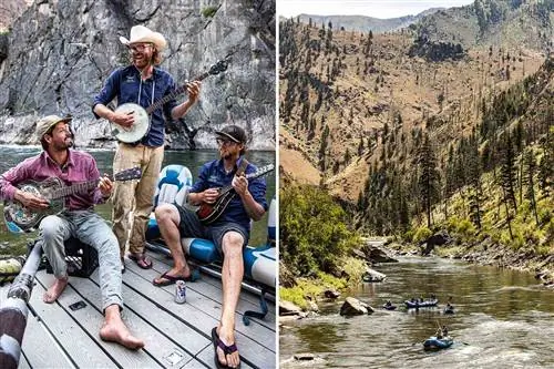 Две фотографии из поездки Far & Away Adventures по реке Лосось, в том числе гиды, играющие музыку в лагере, и плоты на реке.