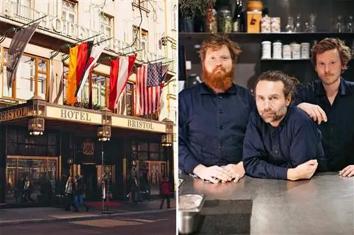 Сцены из Вены, Австрия, в том числе экстерьер отеля Bristol, украшенный флагами, и команда отца и сына в ресторане Mraz & Sohn.