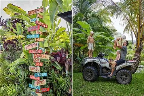 Пара фотографий с Кауаи, на которых видны вывески о продаже фруктов, а также мужчина и его дети на квадроцикле.