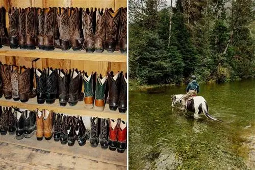 Две фотографии из Clayoquot Wilderness Lodge, на которых видны ботинки на полках в кладовой отеля и мужчина, скачущий на лошади через ручей.