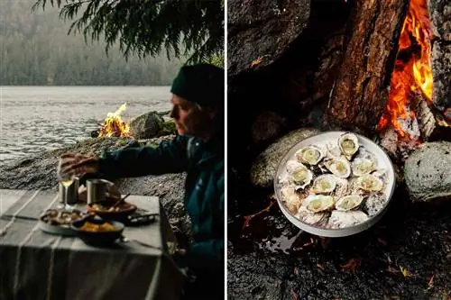 Две фотографии с курорта Ниммо Бэй в Канаде, на которых гость обедает у воды, а устрицы готовятся на дровах.