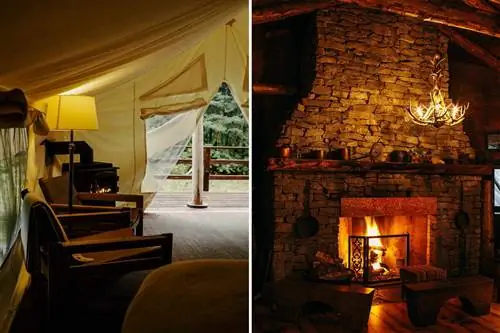 Две фотографии из Clayoquot Wilderness Lodge в Канаде, показывающие интерьер гостевой палатки и камин в ресторане.