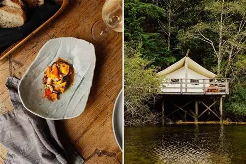 Две фотографии из Clayoquot Wilderness Lodge, на которых видно блюдо в ресторане курорта и роскошная гостевая палатка, поднятая на платформу над водой.