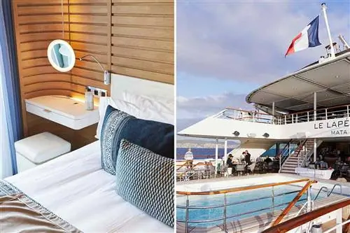 Пара фотографий, показывающих комнату для гостей и террасу у бассейна на борту круизного лайнера Ponant Le Laperouse.