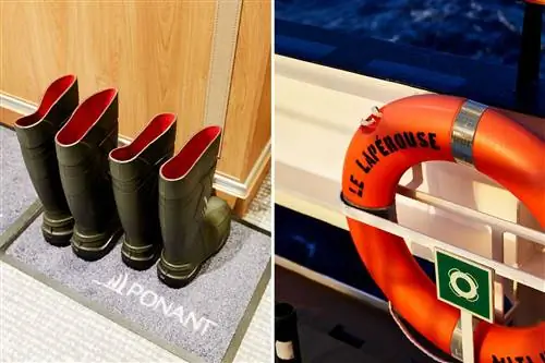 Пара фотографий, показывающих детали круизного лайнера, в том числе резиновые сапоги и ярко-оранжевый спасательный круг.