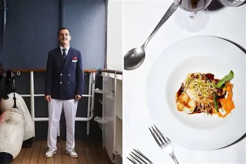 Пара фотографий с круизного лайнера Le Laperouse, в том числе портрет сотрудника и блюдо из морепродуктов.