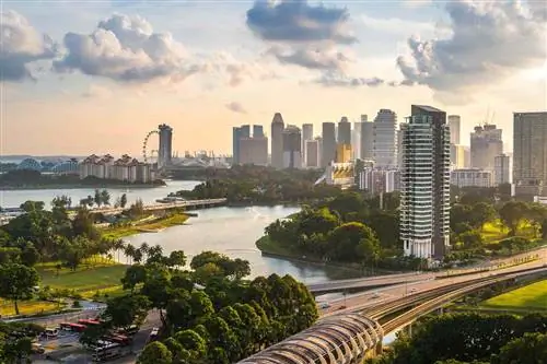 Высокая точка обзора сингапурских зданий в центральном районе города, сингапурский флаер и скоростное шоссе