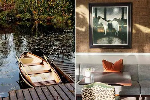 Пара фотографий с изображением гребной лодки в пруду и залитого солнцем интерьера отеля с изображением лошади.