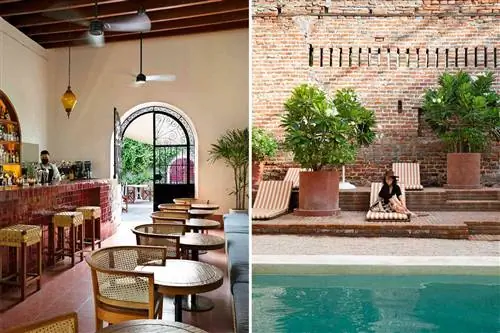 Две фотографии из отеля Baja Club в Ла-Пасе, Мексика, на которых видны столовая и женщина, отдыхающая у бассейна.