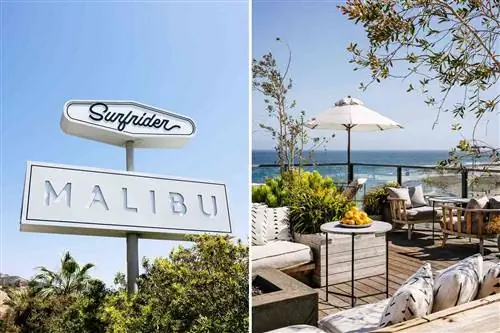Две фотографии из отеля Surfrider в Малибу, Калифорния. На одном фото изображена вывеска отеля, а на другом - терраса на крыше отеля. Две фотографии из отеля Surfrider в Малибу, Калифорния. На одном фото изображена вывеска отеля, а на другом - терраса на крыше отеля.