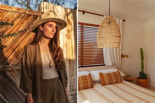 Пара фотографий из Joshua Tree House. На одном изображена владелица Сара Комбс, а на другом - спальня в собственности. Пара фотографий из Joshua Tree House. На одном изображена владелица Сара Комбс, а на другом - спальня в собственности.