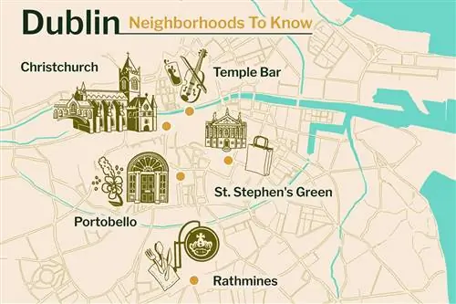 Иллюстрированная карта Дублина с выделенными районами, которые нужно знать, как указано в письменном тексте этой статьи.