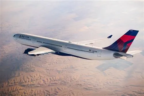 Delta Airbus 330-300 (333) летит над горами.
