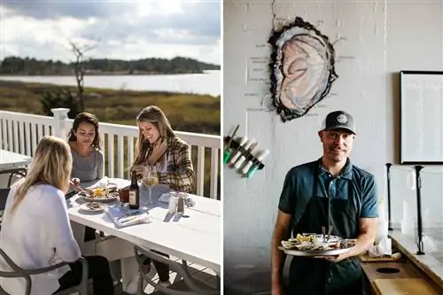 Сцены из Делавэра, в том числе группа из трех друзей, обедающих на террасе, и мужчина, держащий тарелку с устрицами перед диаграммой устриц.