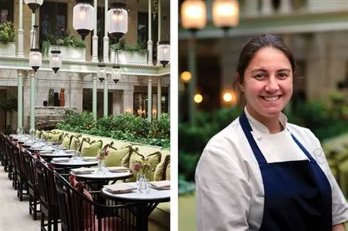 Слева: столовая Atrium в NOMAD London. Справа: шеф-повар Эшли Абоди.