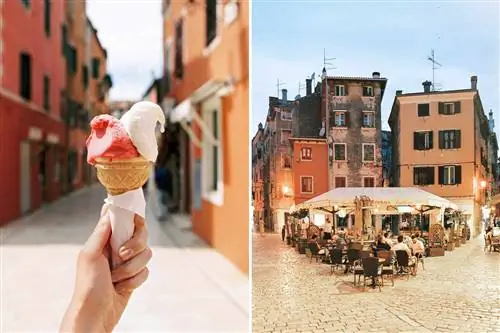 Сцены из Ровиня, Хорватия, в том числе закрытие руки, держащей конус мороженого, и вид обедающих на террасе ресторана.