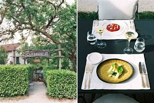 Сцены из Хорватии, в том числе обнесенный живой изгородью вход в ресторан Kotlic и две тарелки, подаваемые на винодельне Meneghetti.