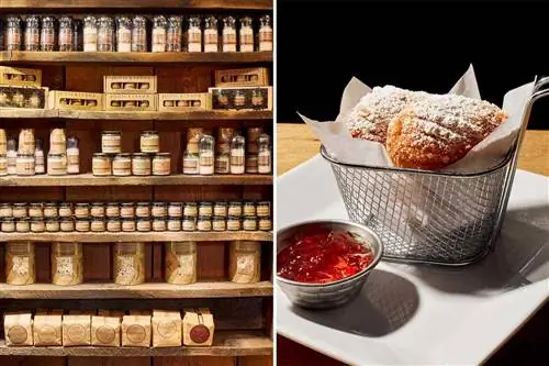 Сцены из Аппалачей, Западная Вирджиния, в том числе детали продуктов на основе соли на полке магазина и бенье в проволочной корзине с желе.