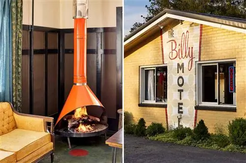 На двух фотографиях изображен ретро-декор мотеля The Billy Motel в Западной Вирджинии.