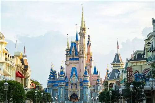 Новый герб в честь 50-летия W alt Disney World Resort украшает замок Золушки в парке Magic Kingdom в Лейк-Буэна-Виста, штат Флорида.