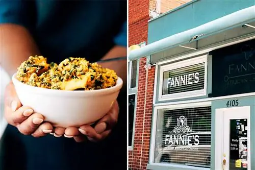 Слева направо: суп эгуси, основное блюдо нигерийской кухни, приготовленное из молотых семян дыни и зелени, в Fannie’s African & Tropical Cuisine; вход в Fannie’s, любимый ресторан традиционной панафриканской кухни в Южном Гайд-парке.