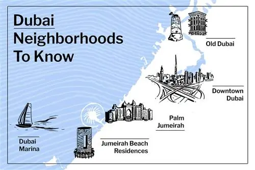 Иллюстрированная карта Дубая с выделенными районами, как описано в тексте.