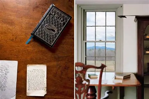 Две фотографии из дома Германа Мелвилла в Массачусетсе, в том числе вид на гору Грейлок с его стола и копия Моби Дика.