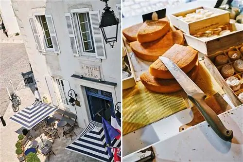 Пара фотографий из Иль-де-Ре, Франция, в том числе экстерьер отеля de Toiras с полосатыми зонтиками над столиками на террасе и выбор сыров на местном рынке.