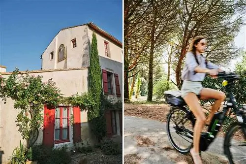 Пара фотографий из Иль-де-Ре, Франция, на одной из которых изображен дом с красными ставнями, а на другой - женщина, едущая на велосипеде по лесной тропинке.