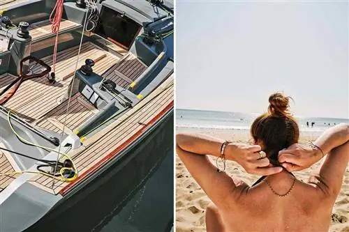 Пара фотографий из Иль-де-Ре, Франция. На одном изображена лодка в гавани, на другом - спина женщины на пляже.