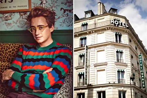 Портрет Люка Эдварда Холла в полосатом свитере; классический парижский фасад отеля les deus Gares