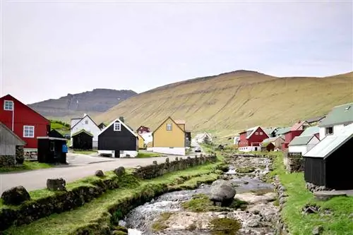 Фарерский пейзаж с идиллической деревней Гьёгв, самой северной деревней на острове Эйстурой.