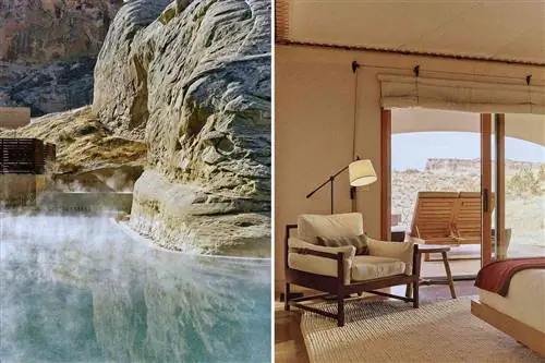 Пара фотографий, показывающих бассейн на курорте Амангири и гостевую палатку в лагере Сарика, оба в Юте.