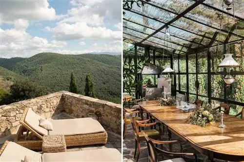 Пара фотографий из отеля Castello di Vicarello в Тоскане, Италия, на которых показаны виды с террасы и обеденной зоны в солярии.