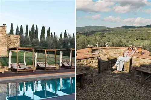 Пара фотографий из Vitigliano Relais & Spa в Тоскане, Италия, на которых показаны кабинки для переодевания у бассейна и женщина, сидящая на террасе.