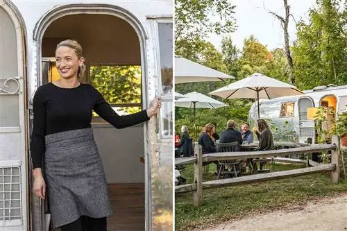 Объединение двух фотографий из ресторана The Lost Kitchen в штате Мэн, включая портрет шеф-повара Эрин Фреч и гостей, обедающих за столиками на открытом воздухе.