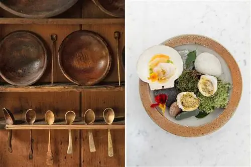 Пара фотографий с изображением деревянных мисок и ложек и тарелки с моллюсками.