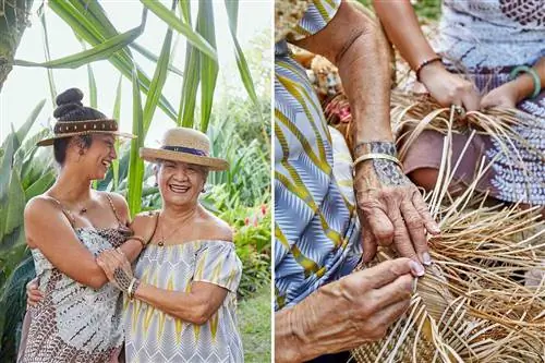 Фотография мастерицы-ткачихи Куму Иполани Воган с внучкой; подробное фото парного плетения