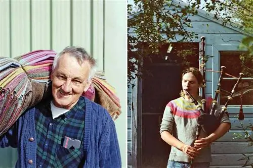 Пара фотографий, на которых изображена традиционная твидовая ткачиха Харриса и молодой волынщик в Шотландии.