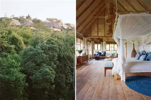 Две фотографии Kyambura Gorge Lodge в Уганде, на которых показаны виллы, расположенные на зеленом склоне холма, и интерьер комнаты для гостей.