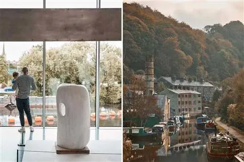 Фотография из Йоркшира, Англия, в том числе отец и ребенок рядом со скульптурой в галерее Хепуорт-Уэйкфилд, а также живописная фотография города Хебден-Бридж.